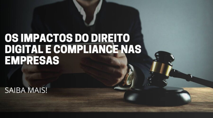 A imagem deste artigo reflete 1 pessoa sentada mexendo no tablet l e no meio da imagem está escrito o título do artigo: Os impactos do direito digital e Compliance nas empresas