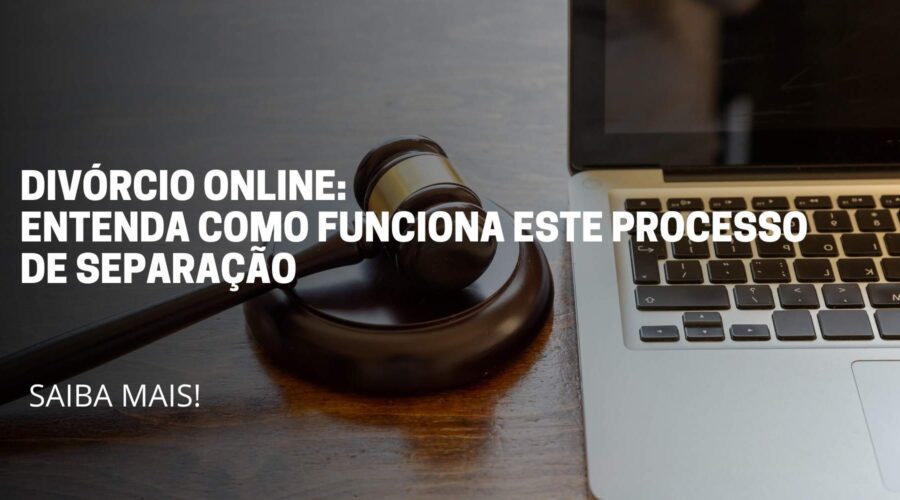 A imagem reflete uma mesa com um nootbook e ao lado o malhete, no meio da imagem consta o nome do título: Divórcio online como funciona este processo de separação