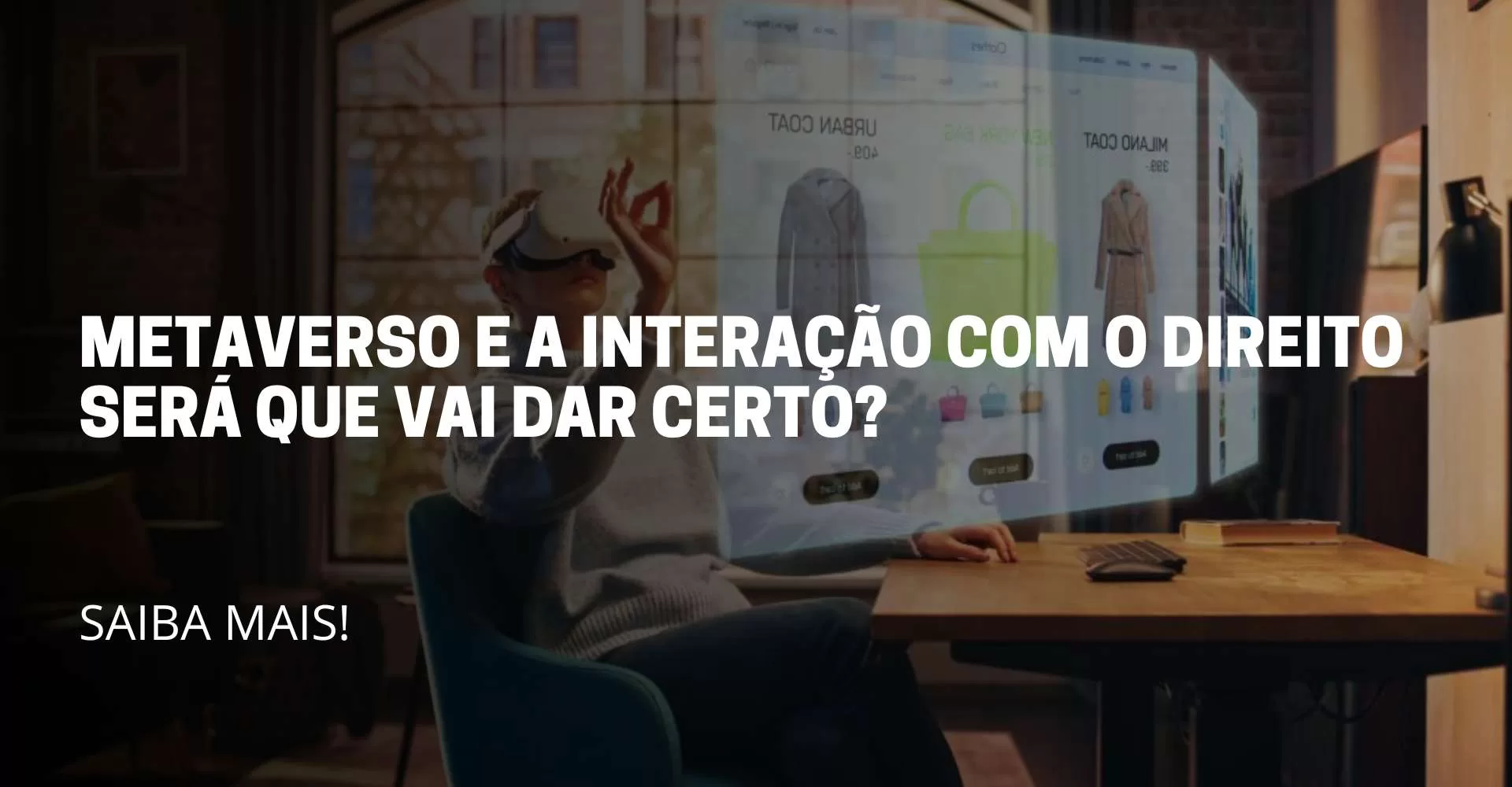A imagem reflete um moça com um óculos 3D, tentando efetuar uma compra no METAVERSO. Título do artigo: Metaverso e a interação com o direito
